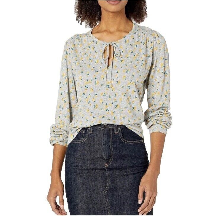 Lucky Brand Gray Peasant Yellow Floral Boho Long Sleeve Blouse L